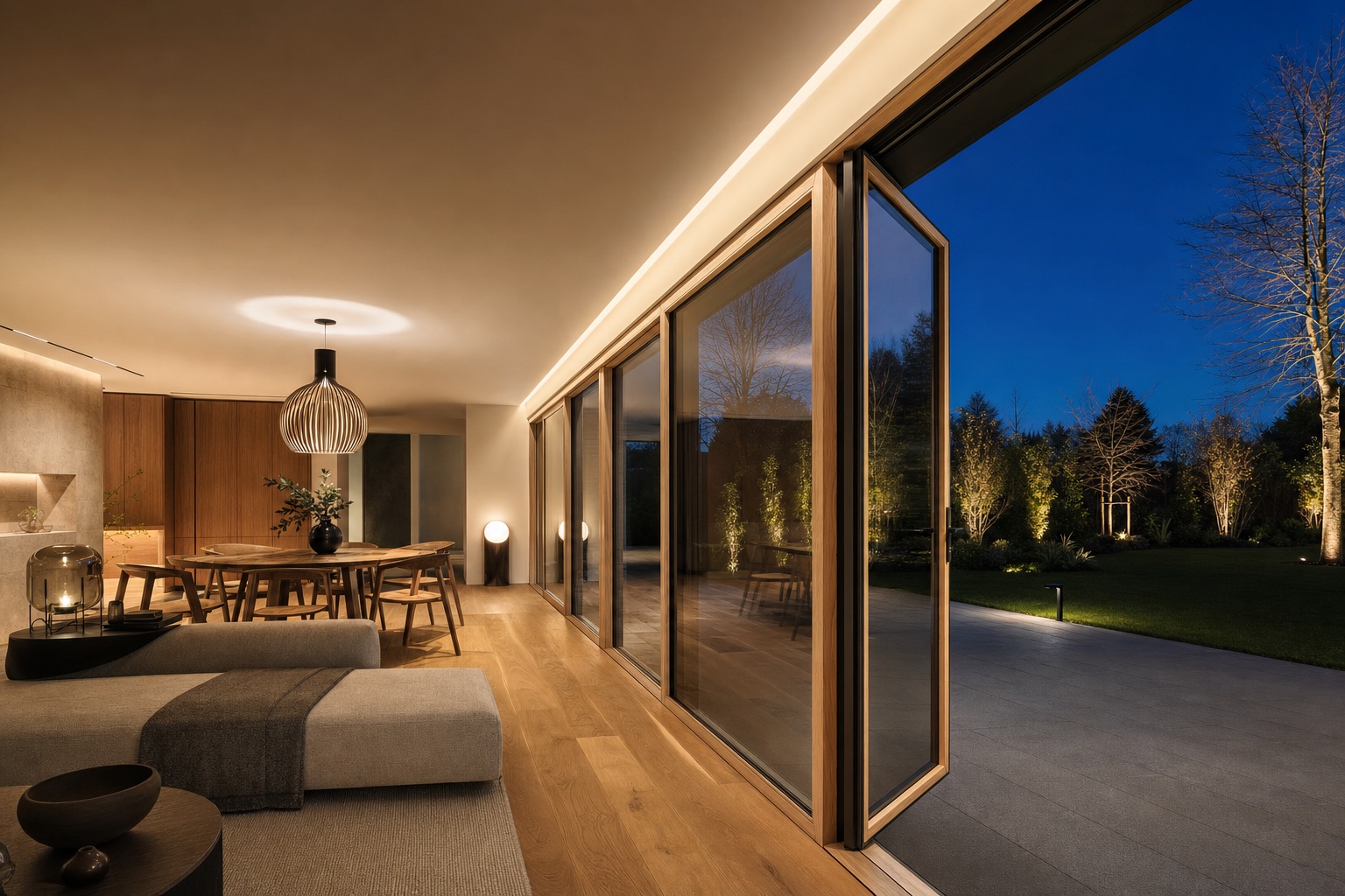Alu-clad patio doors with oak timber frames inside and charcoal aluminium cladding outside