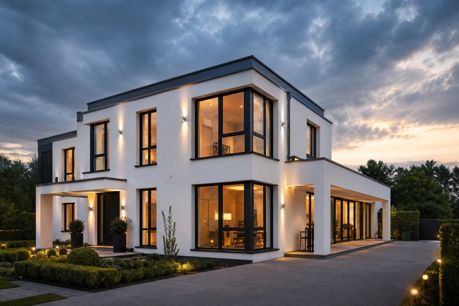 Modern house with charcoal windows at twilight