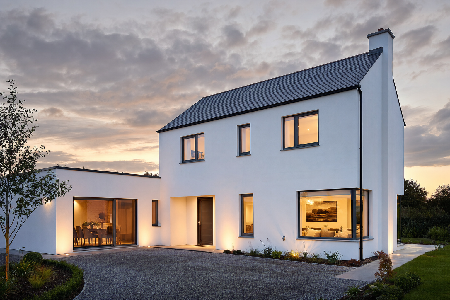 Modern white house at dusk with charcoal flush casement windows