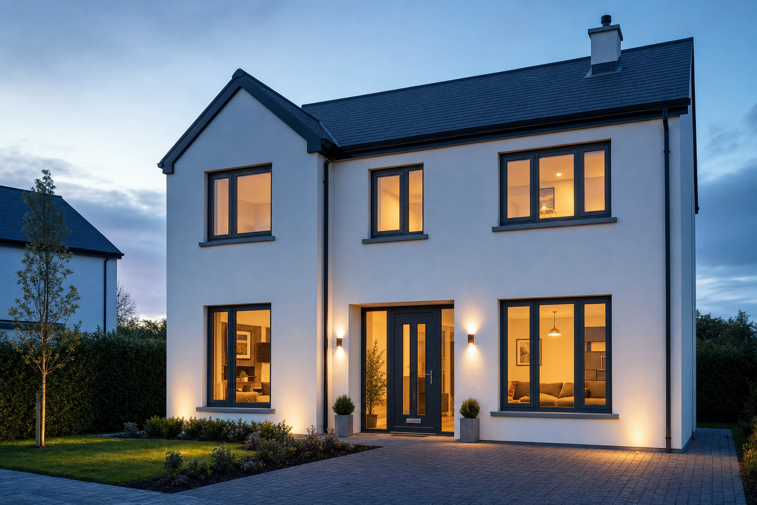 Detached Irish home at dusk with new charcoal windows and a glowing front door